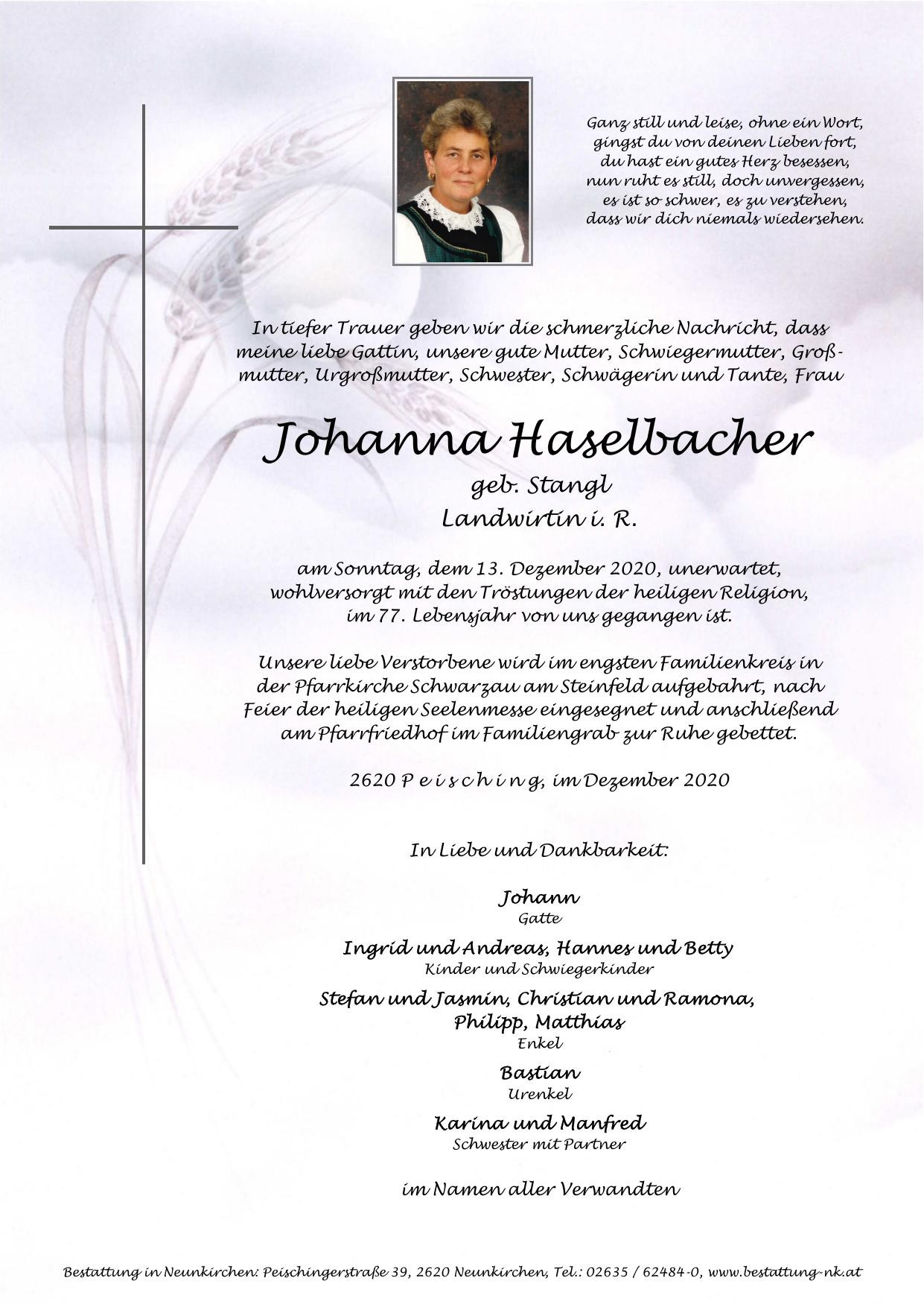 Traueranzeige von Johanna Haselbacher