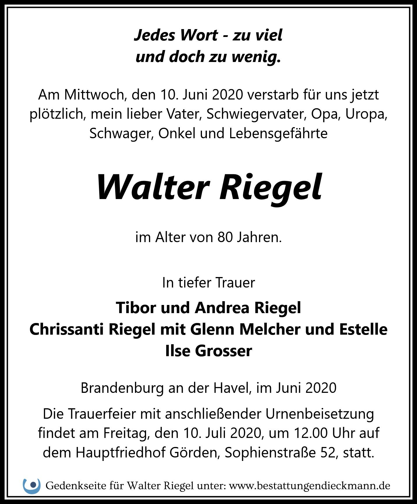 Traueranzeige von Walter Riegel