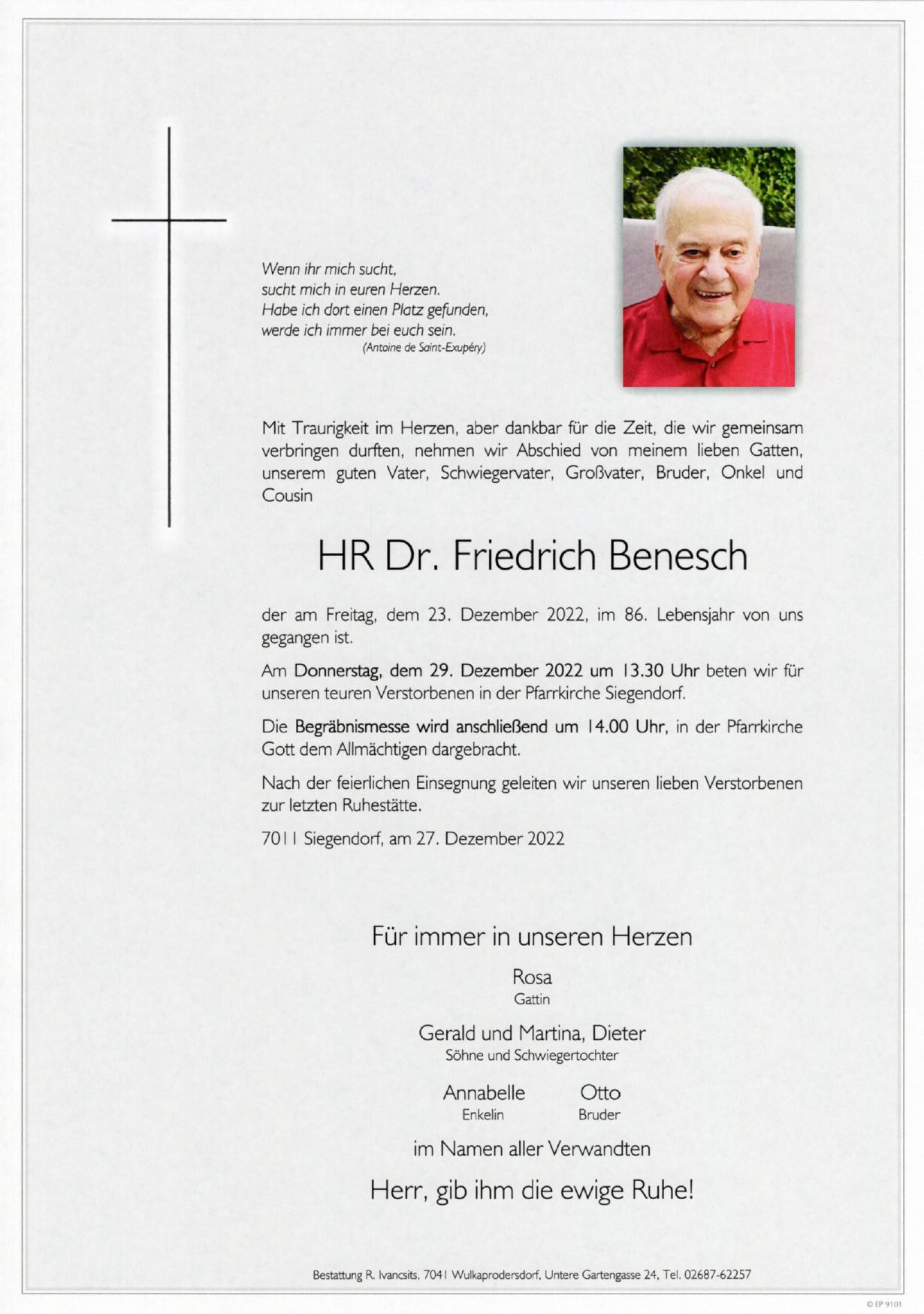 Traueranzeige von HR Dr. Friedrich Benesch