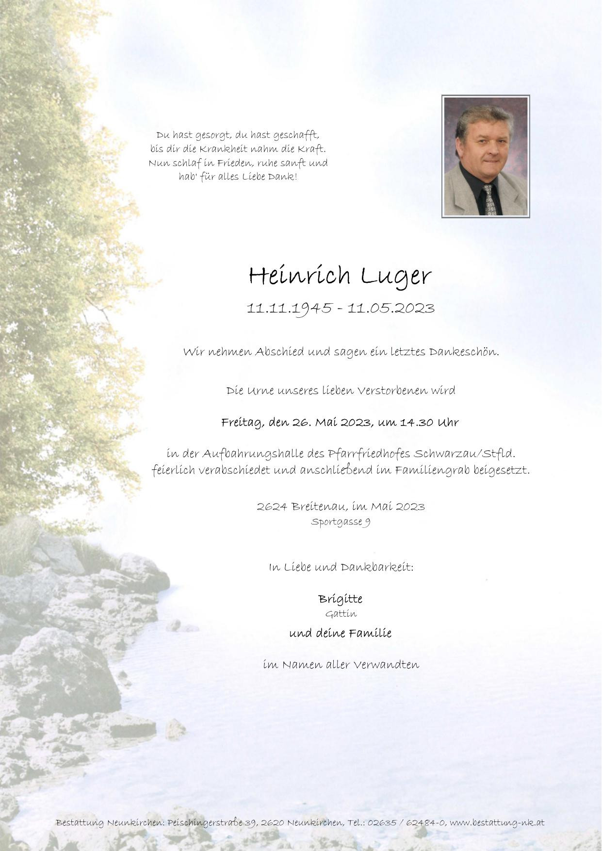 Traueranzeige von Heinrich Luger