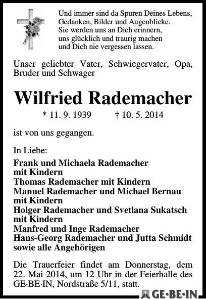 Traueranzeige von Wilfried Rademacher