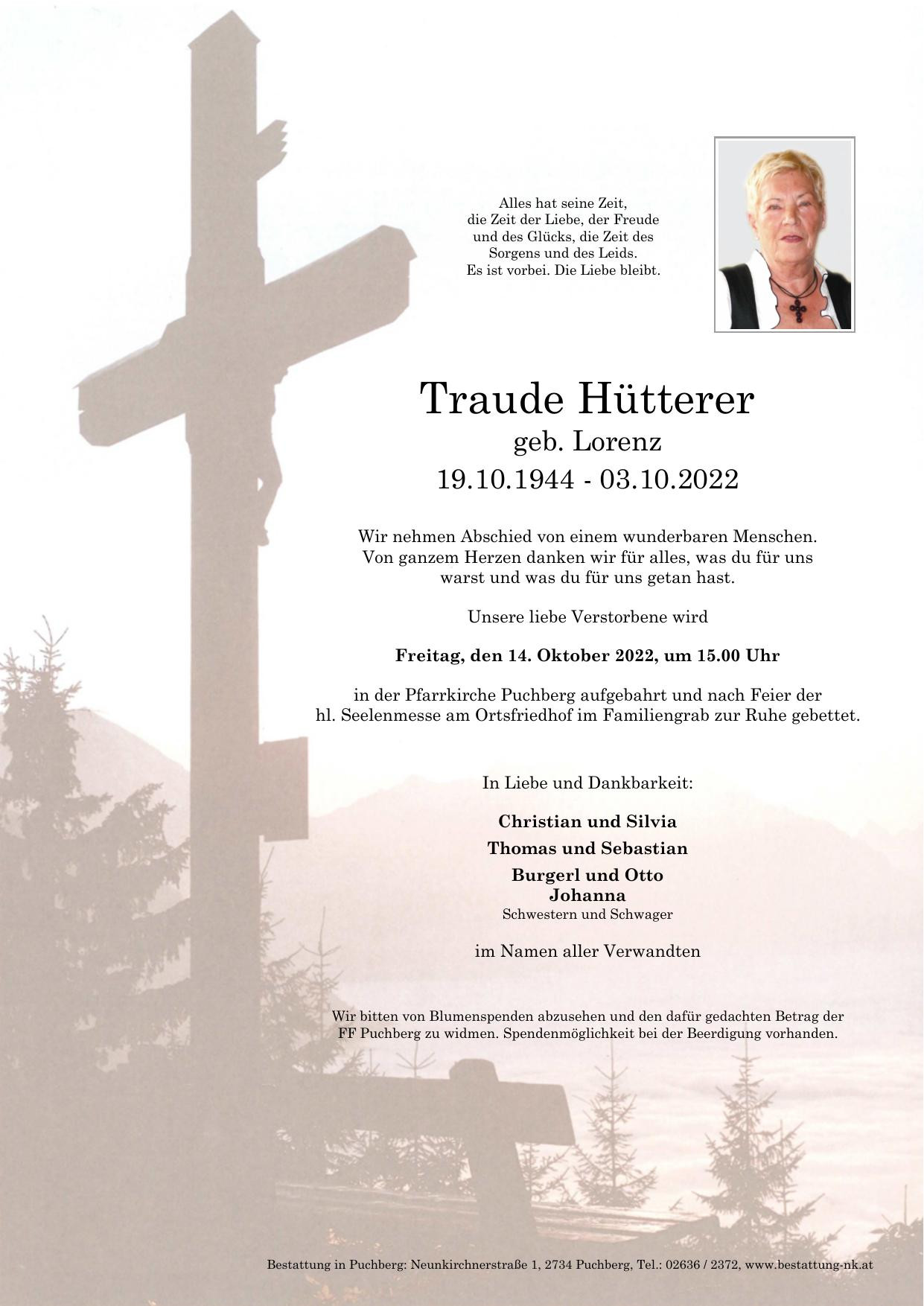 Traueranzeige von Gertrud Hütterer
