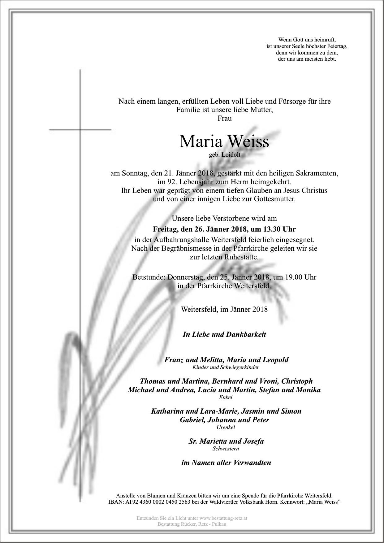 Traueranzeige von Maria Weiss