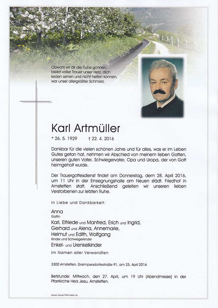 Traueranzeige von Karl Artmüller