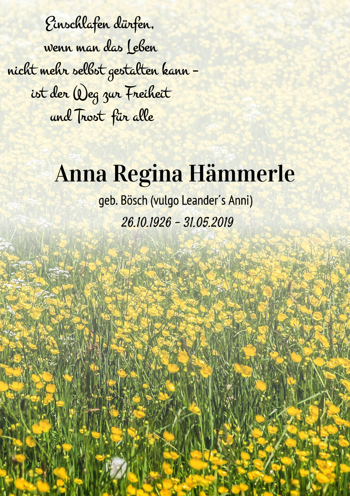 Traueranzeige von Anna Regina Hämmerle