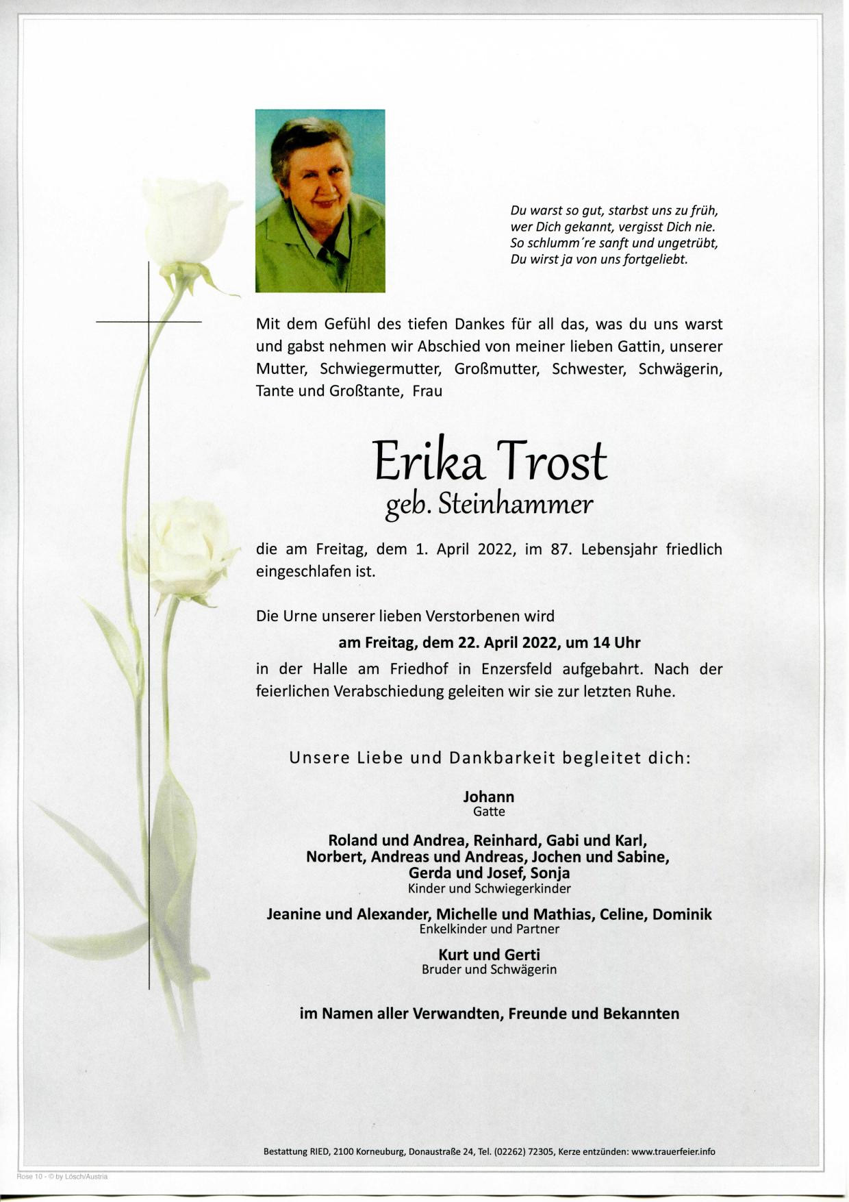 Traueranzeige von Erika Trost