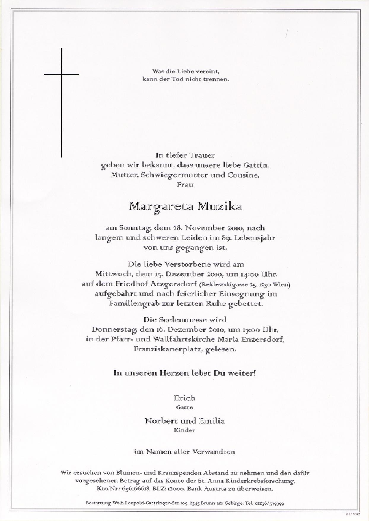 Traueranzeige von Margareta Muzika