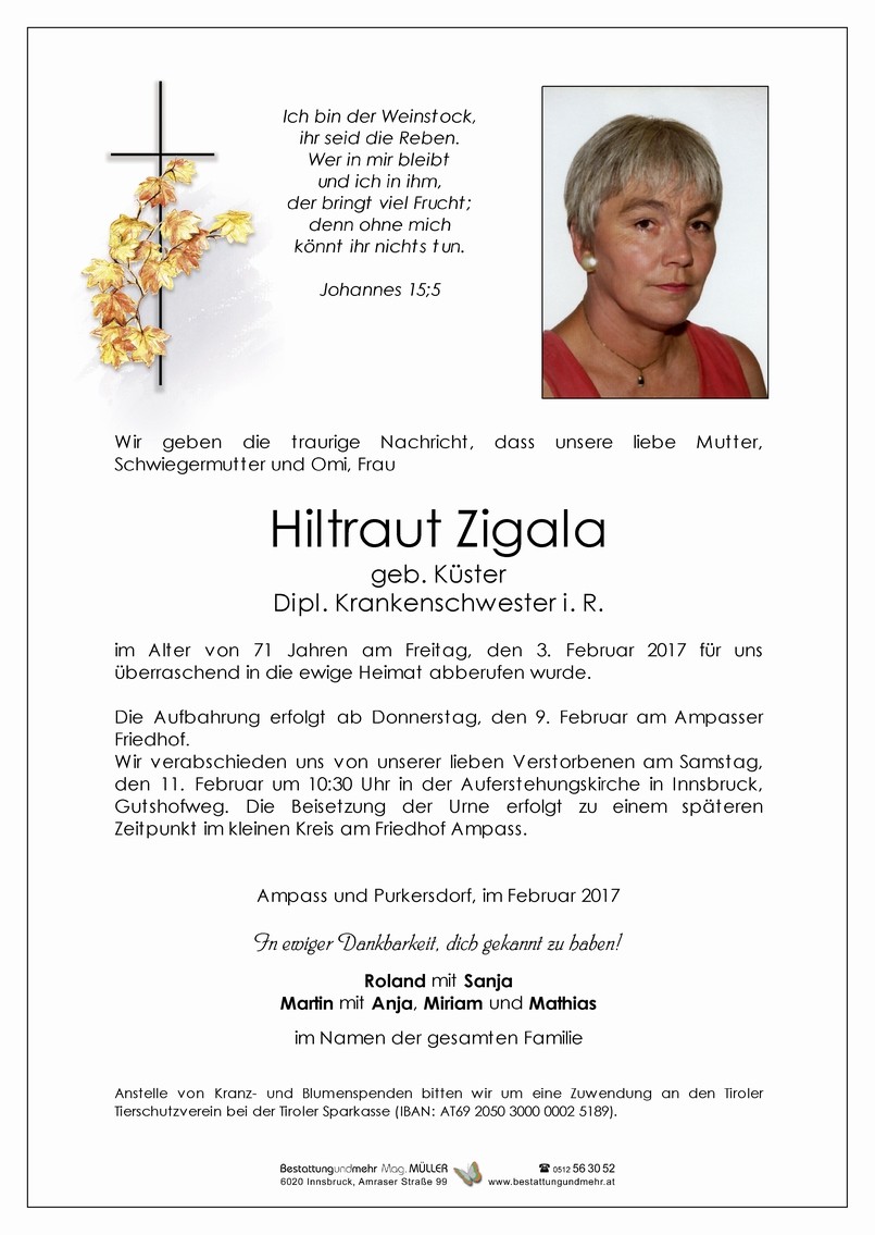 Traueranzeige von Hiltraut Zigala
