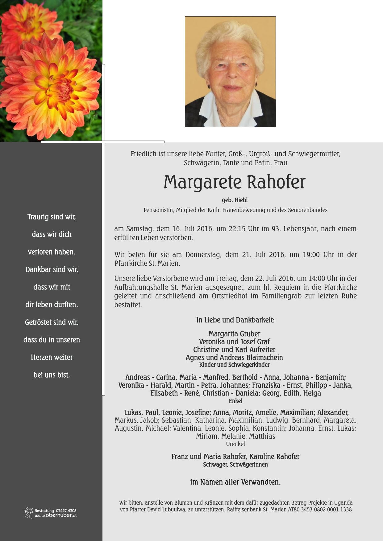 Traueranzeige von Margarete Rahofer