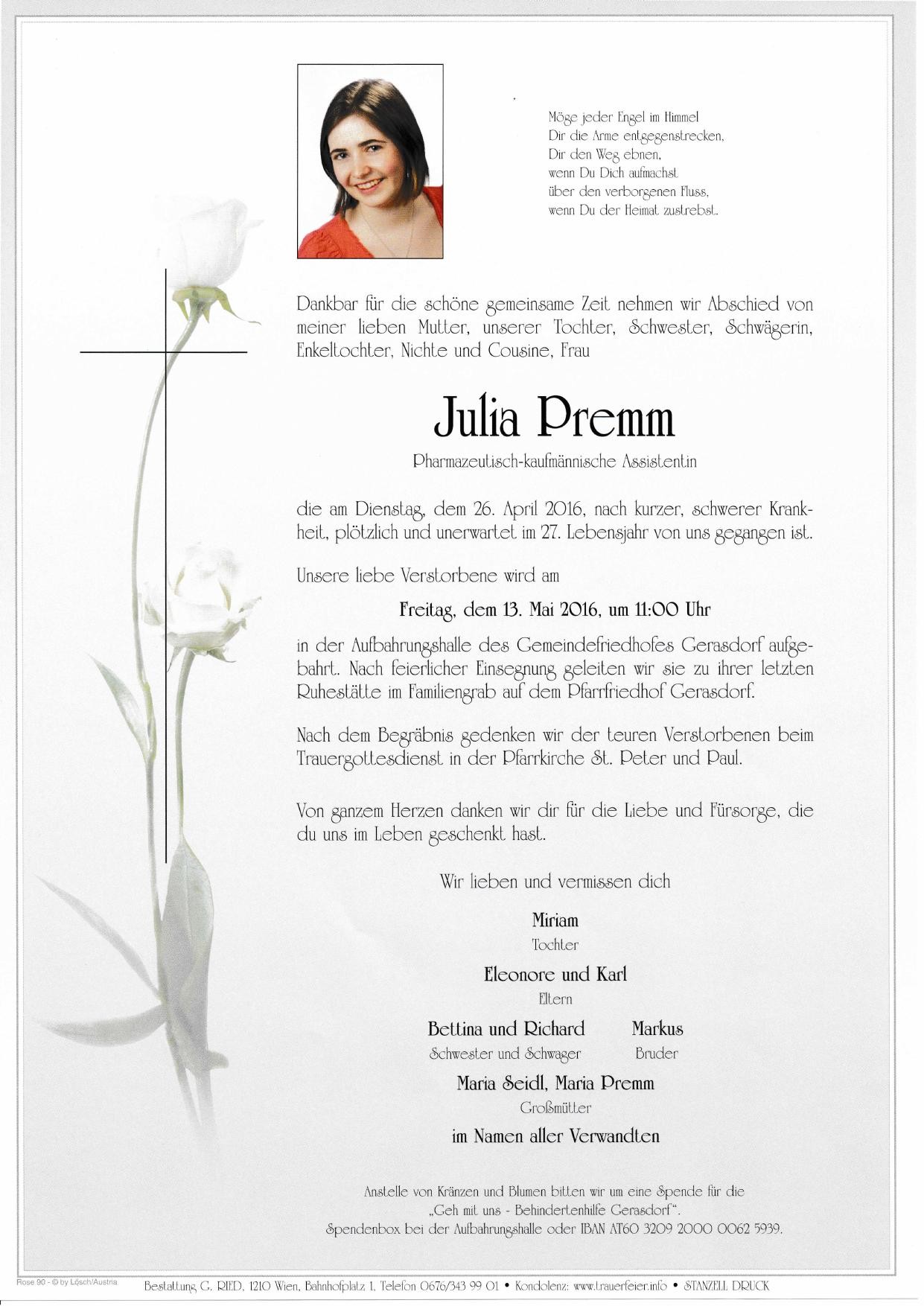Traueranzeige von Julia Premm