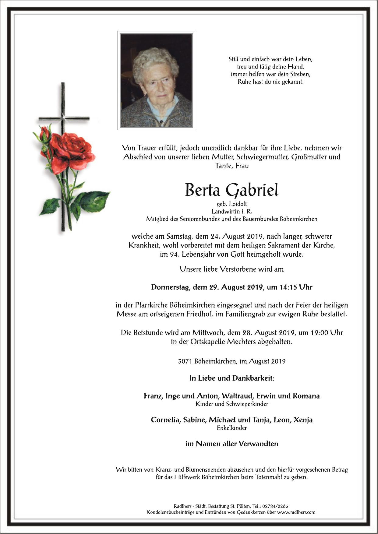 Traueranzeige von Berta Gabriel