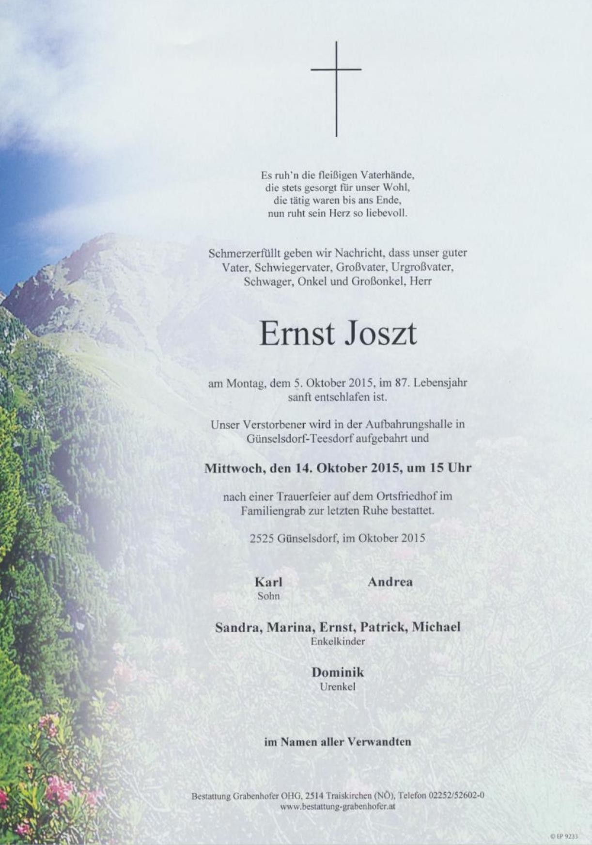 Traueranzeige von Ernst Joszt