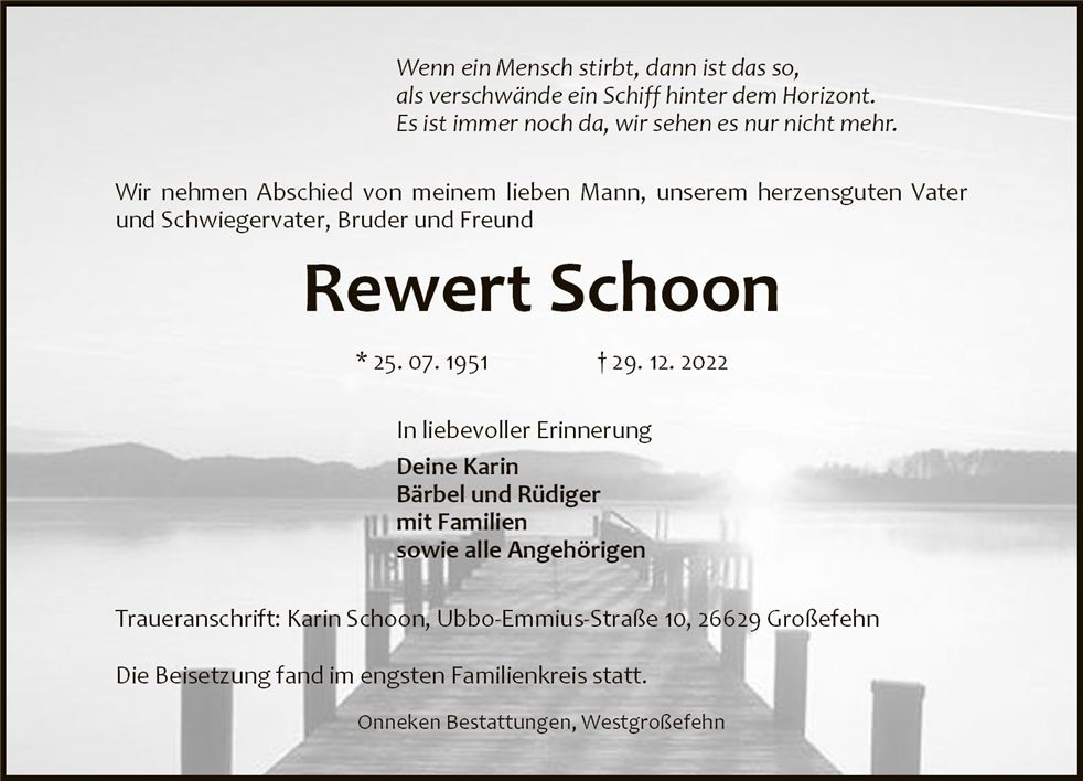 Traueranzeige von Rewert Schoon