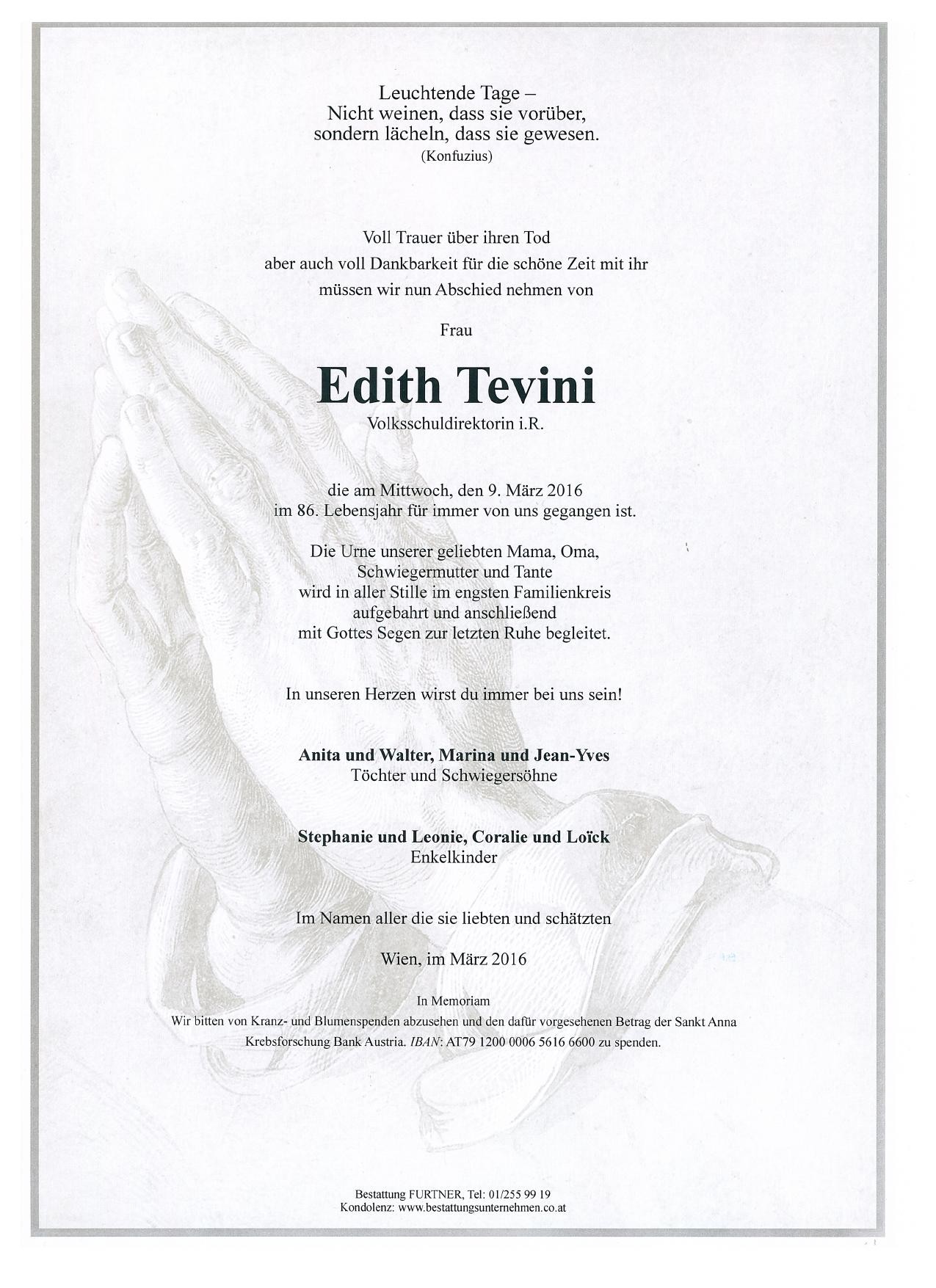 Traueranzeige von Edith Tevini