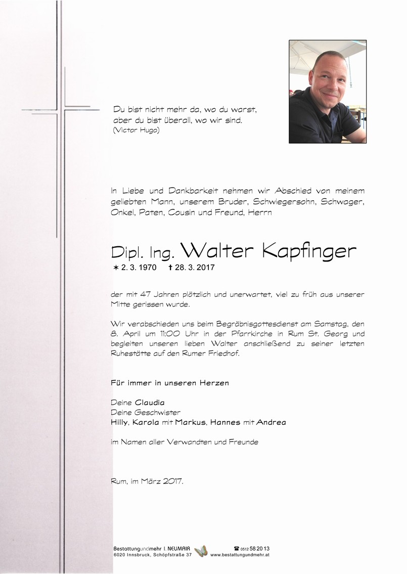 Traueranzeige von Dipl. Ing. Walter Kapfinger