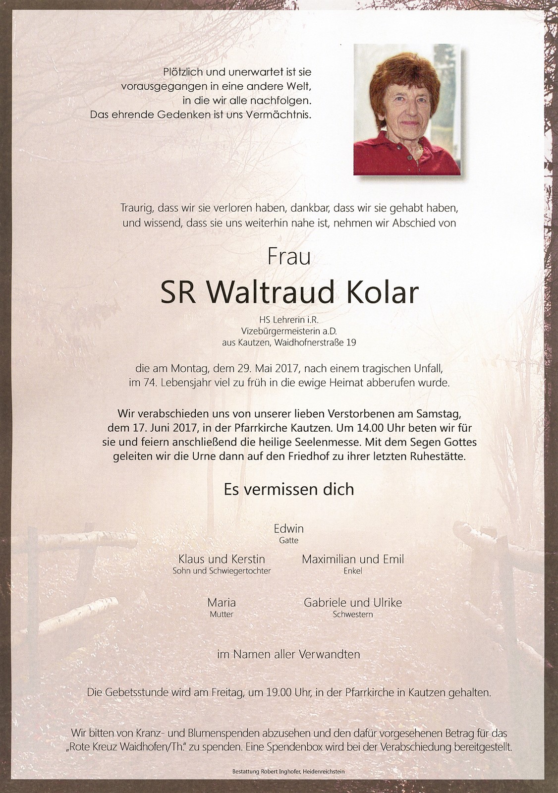 Traueranzeige von Schulrat Waltraud Kolar
