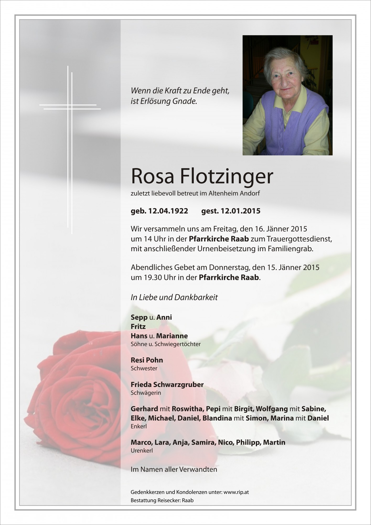 Traueranzeige von Rosa Flotzinger