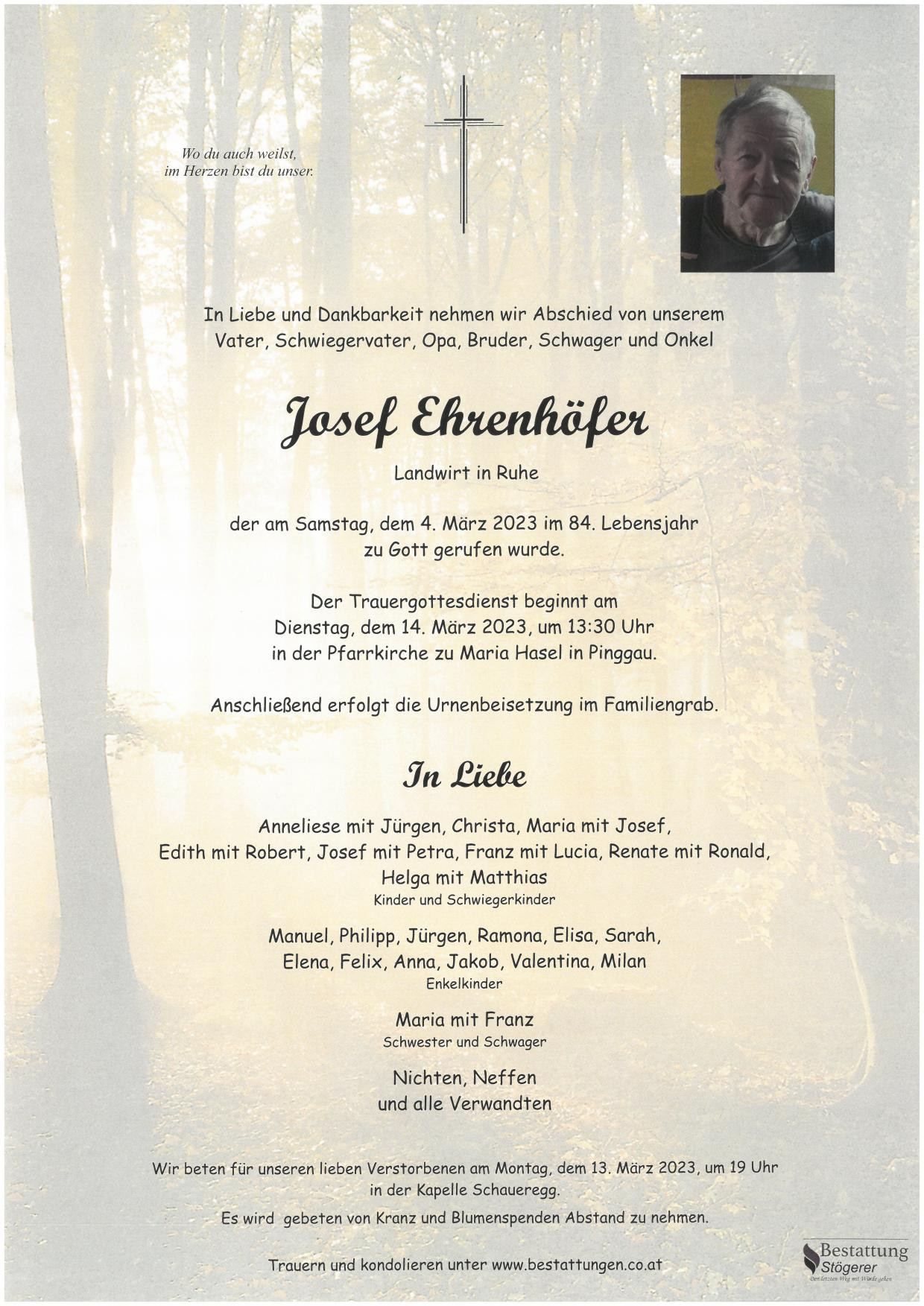 Traueranzeige von Josef Ehrenhöfer