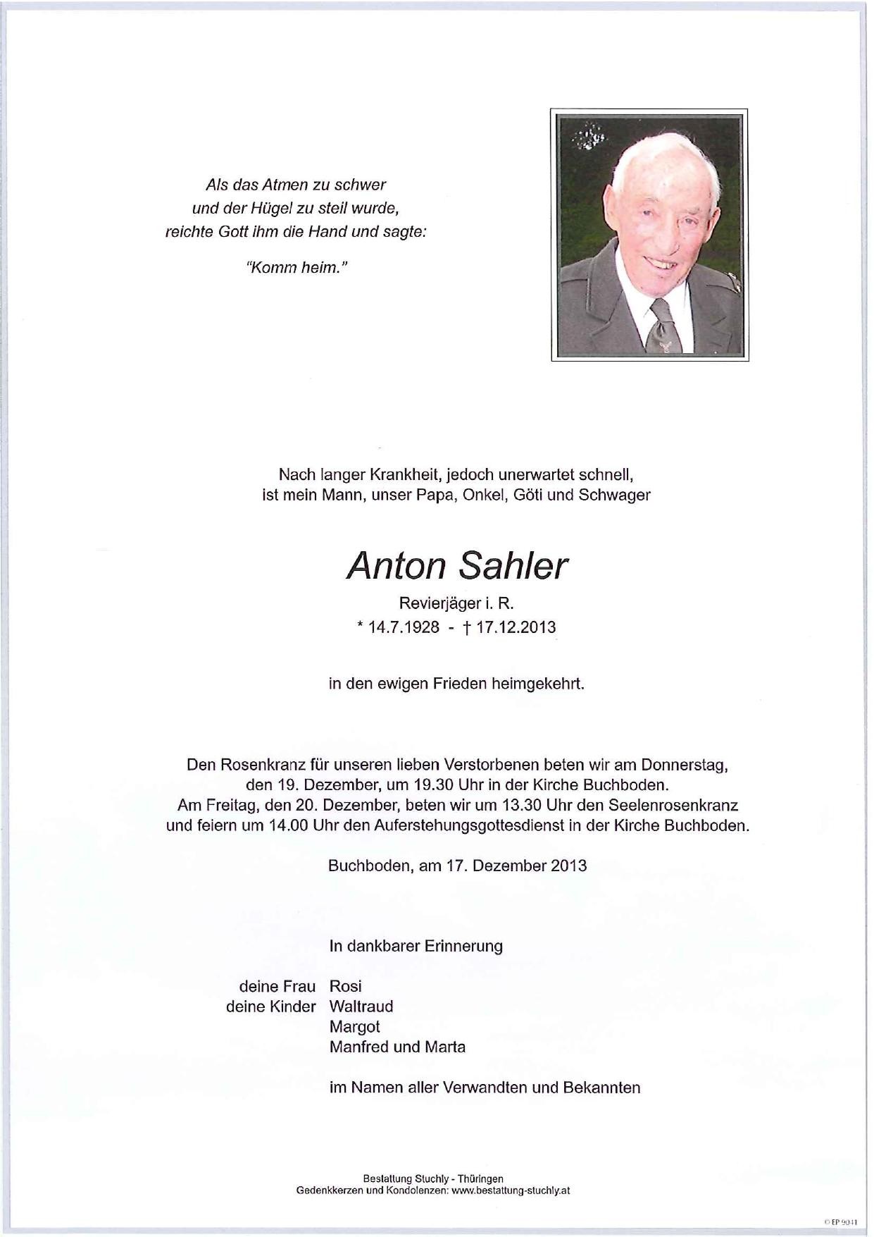 Traueranzeige von Anton Sahler