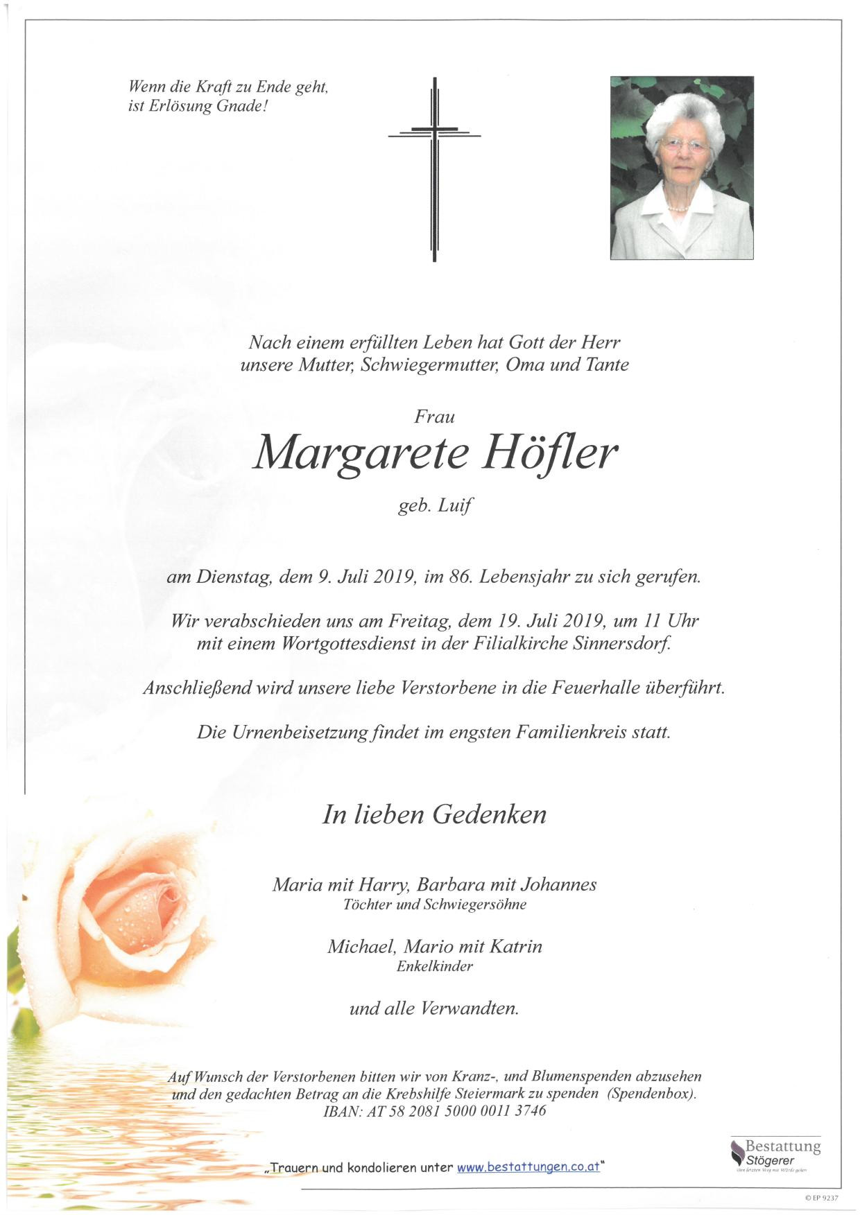 Traueranzeige von Margarete Höfler