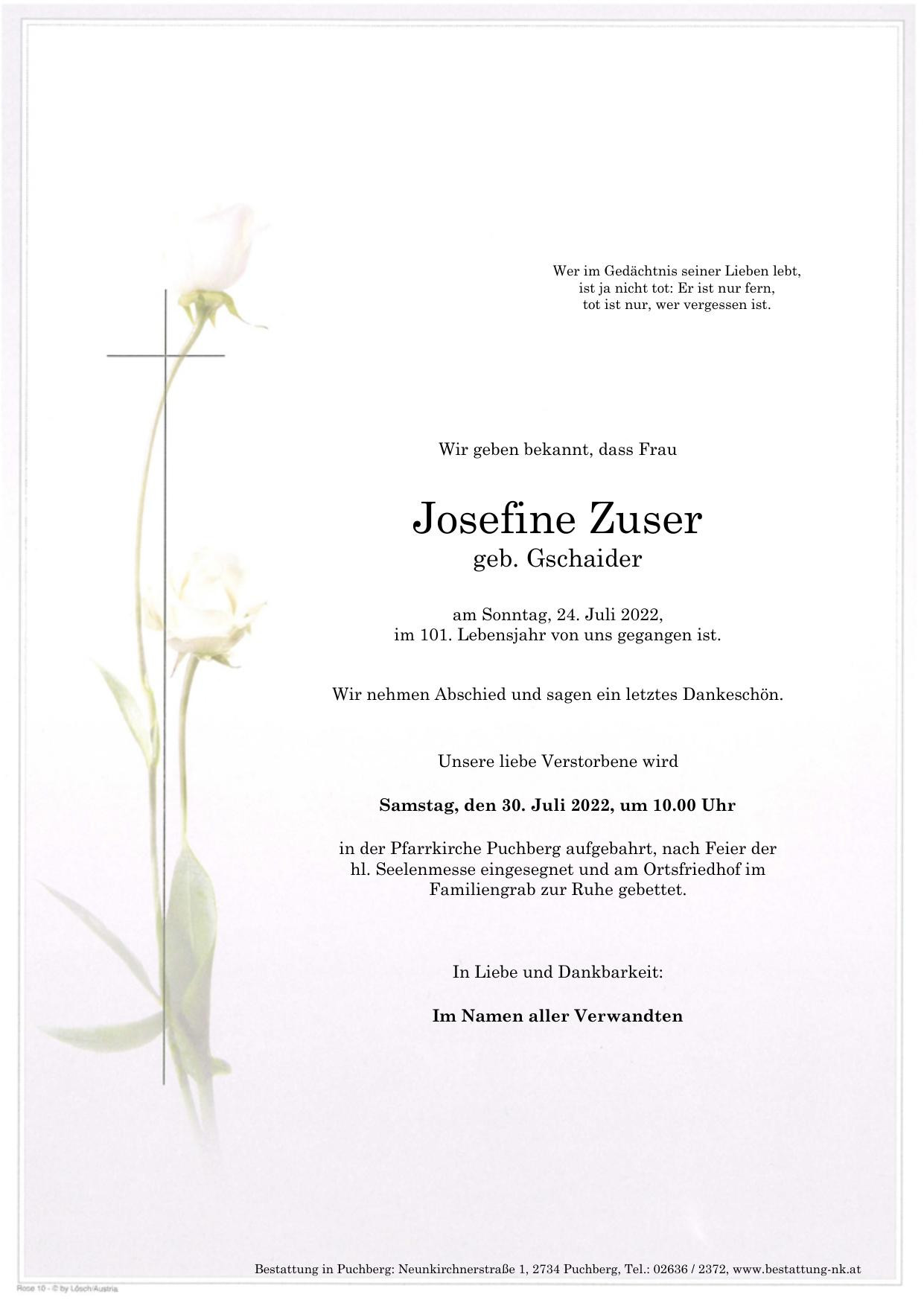Traueranzeige von Josefine Zuser