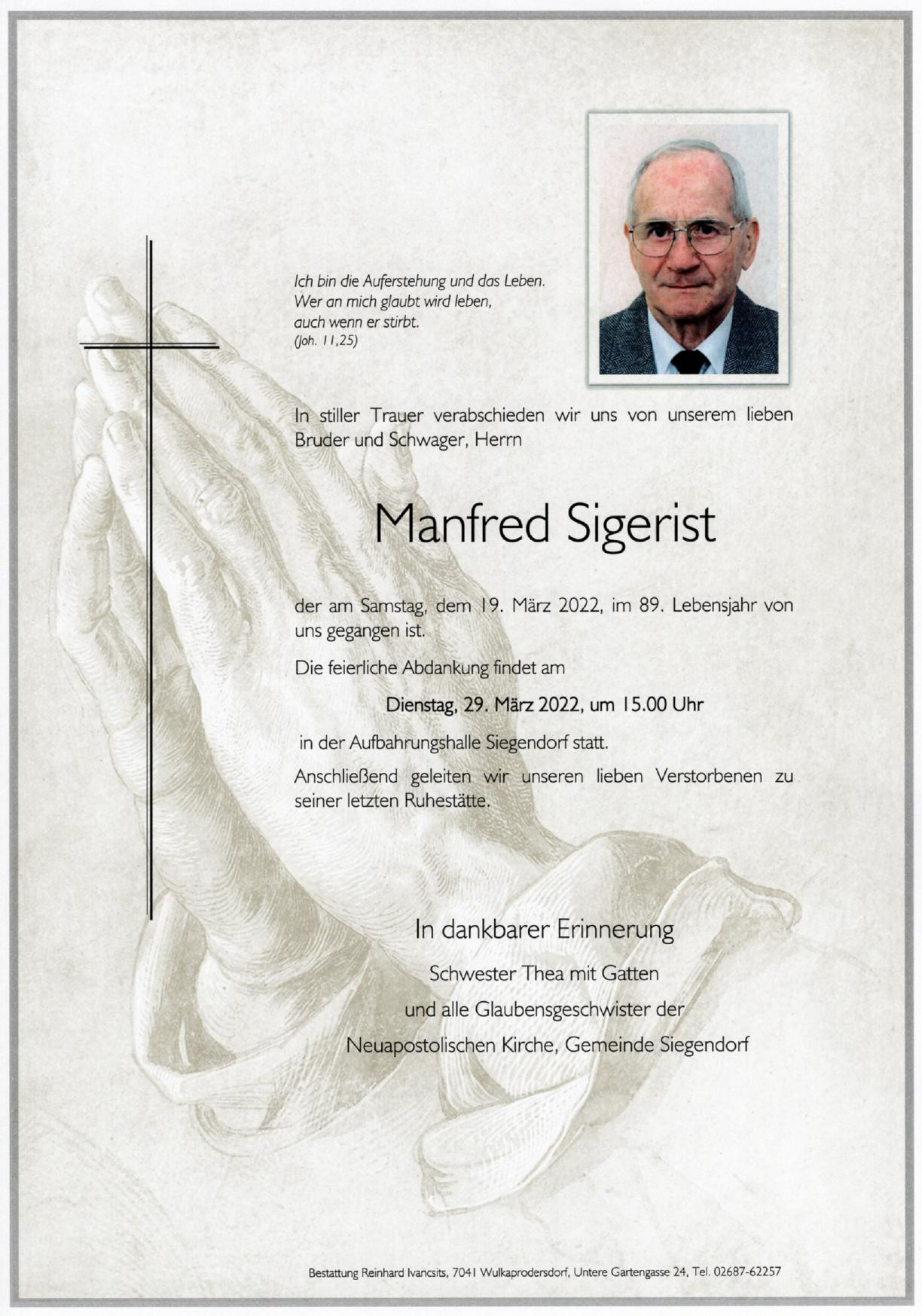 Traueranzeige von Manfred Sigerist
