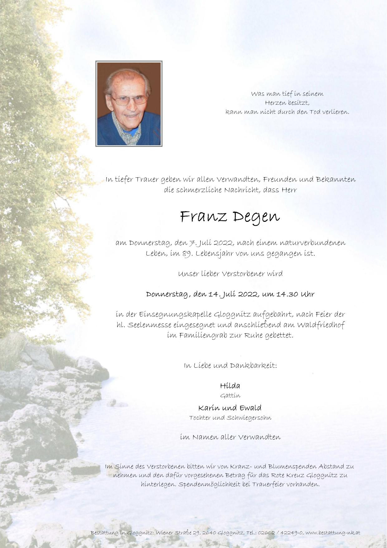 Traueranzeige von Franz Degen