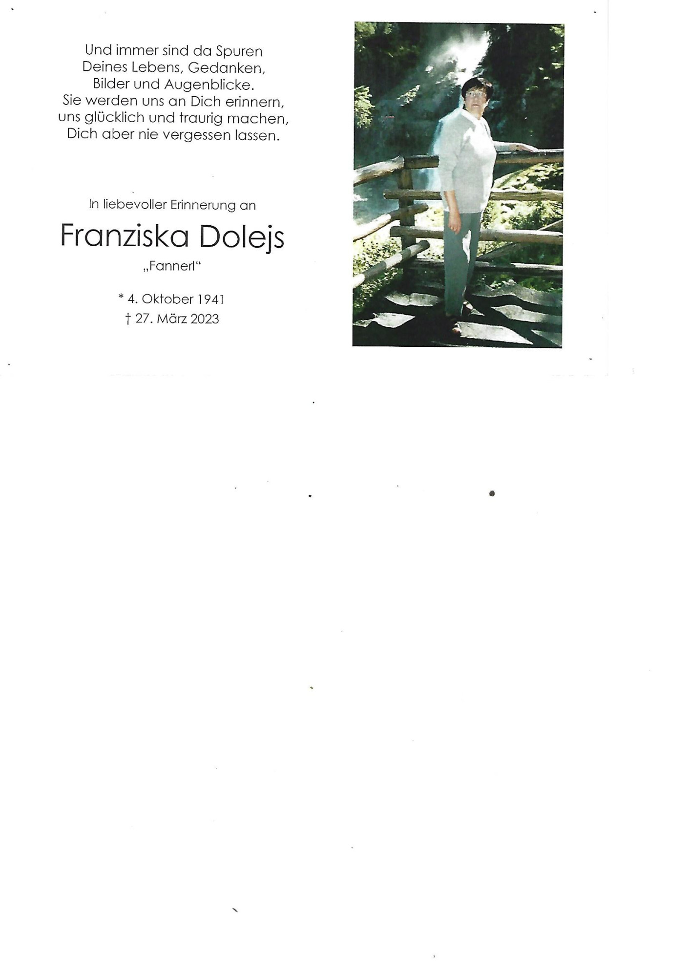 Traueranzeige von Franziska Dolejs