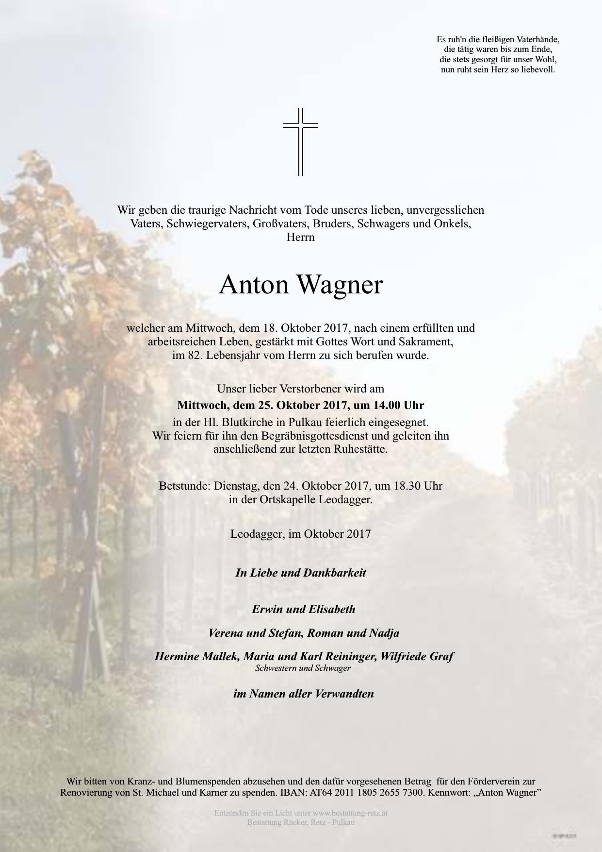 Traueranzeige von Anton Wagner