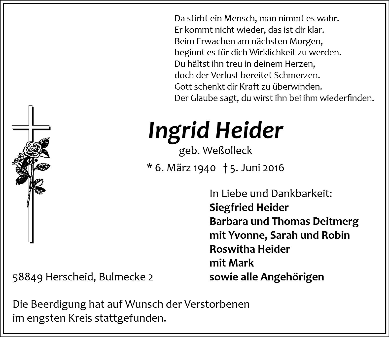Traueranzeige von Ingrid Heider