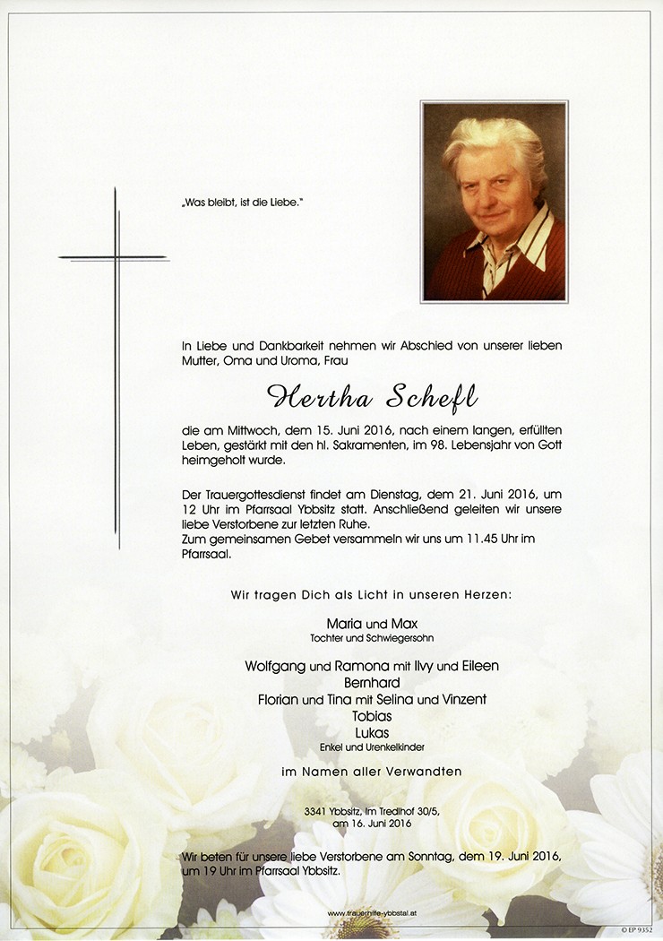 Traueranzeige von Hertha Schefl