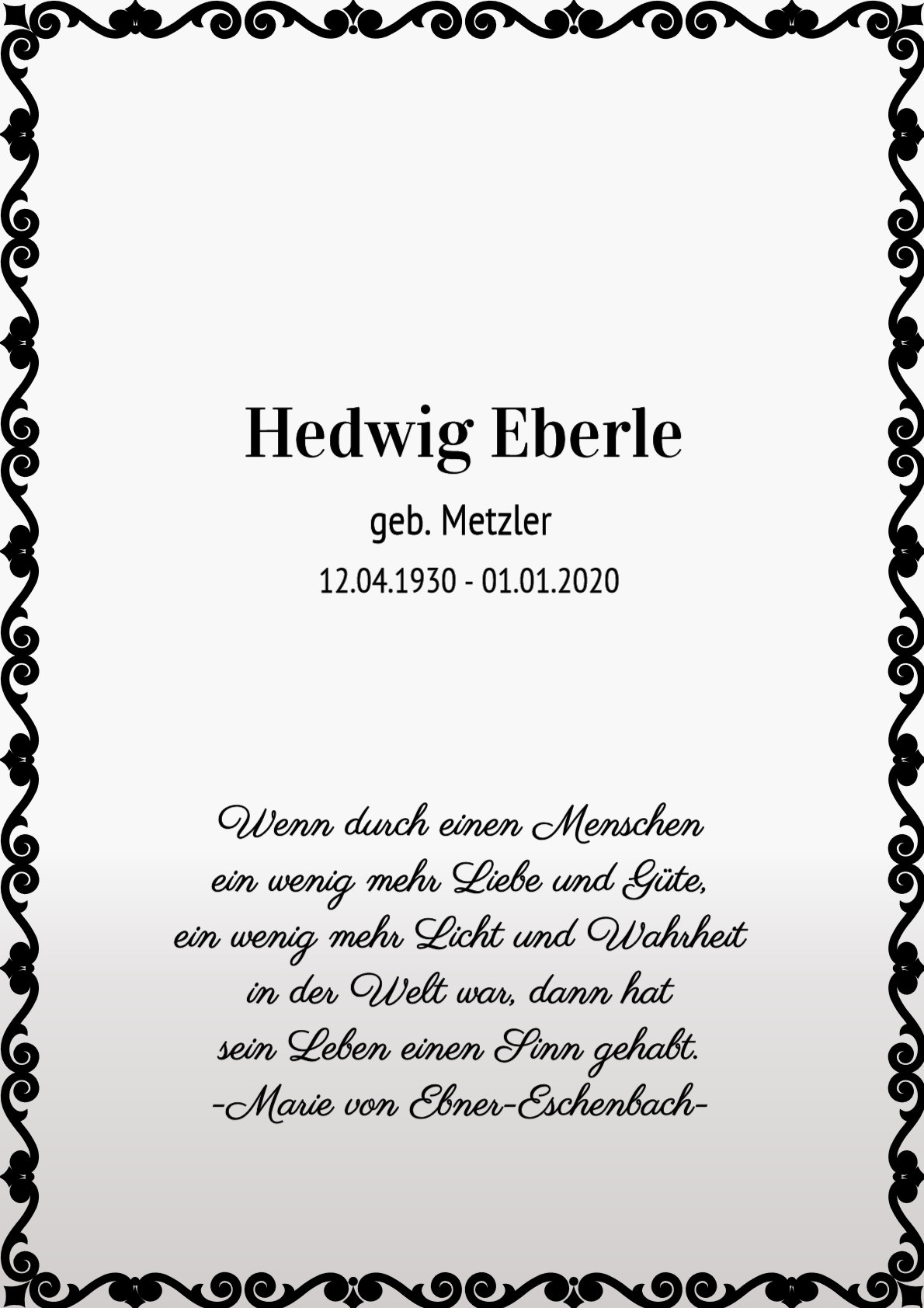 Traueranzeige von Hedwig Eberle