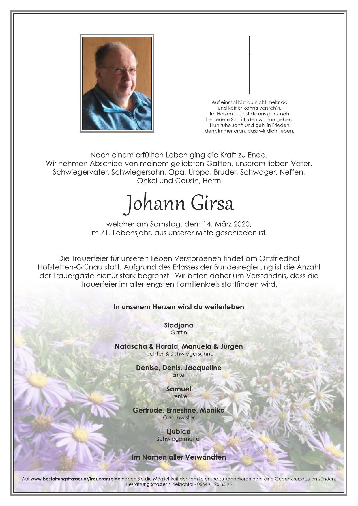 Traueranzeige von Johann Girsa