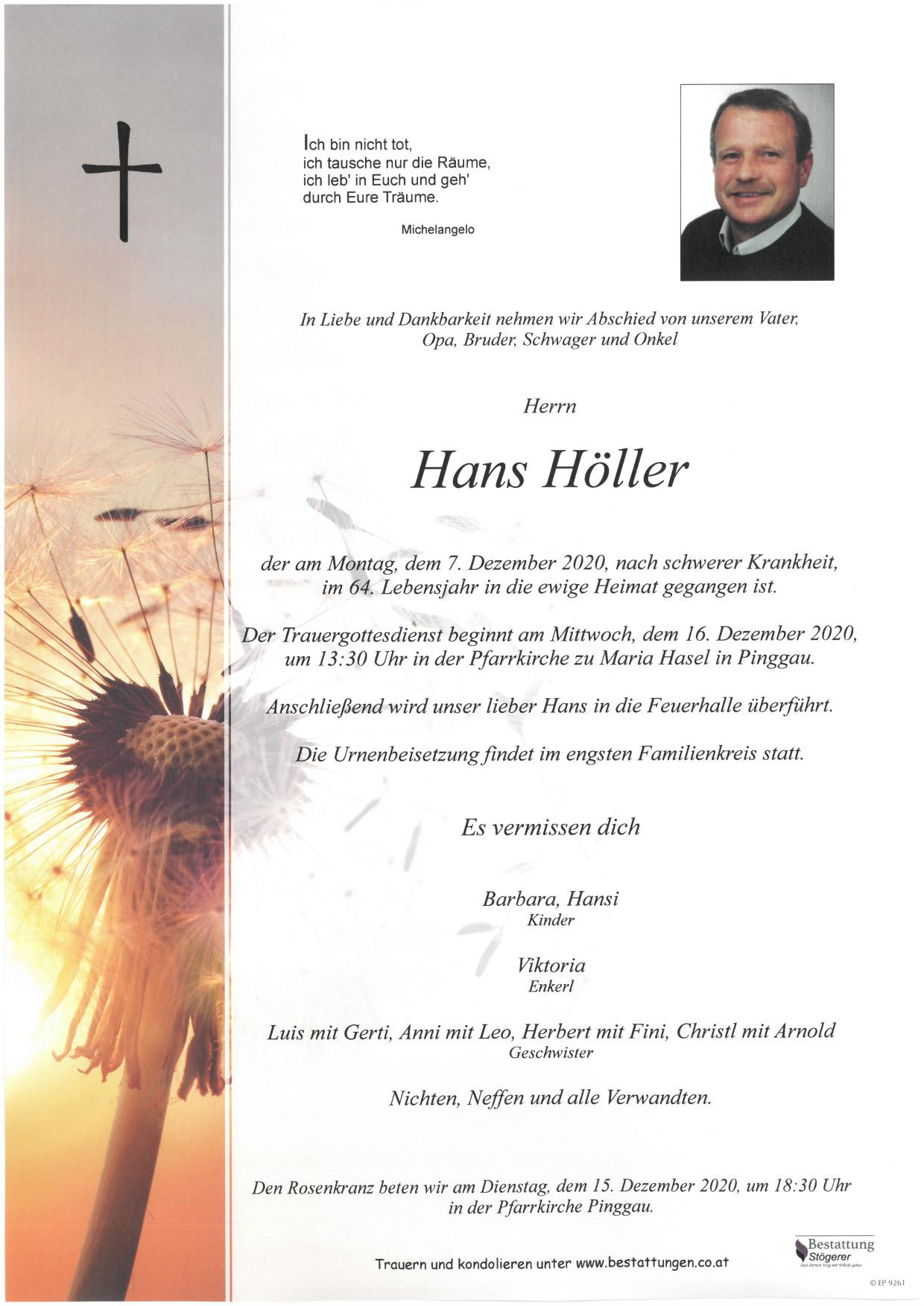 Traueranzeige von Hans Höller