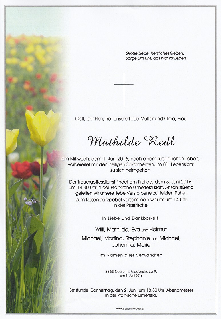 Traueranzeige von Mathilde Redl
