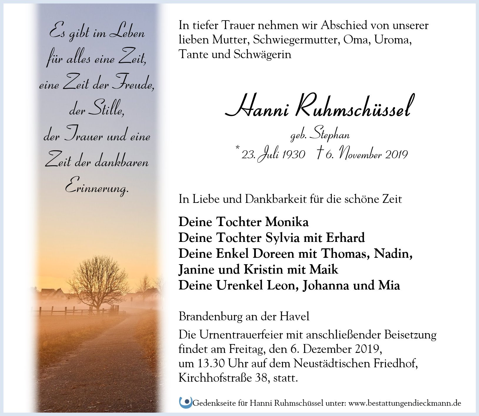 Traueranzeige von Hanni Ruhmschlüssel