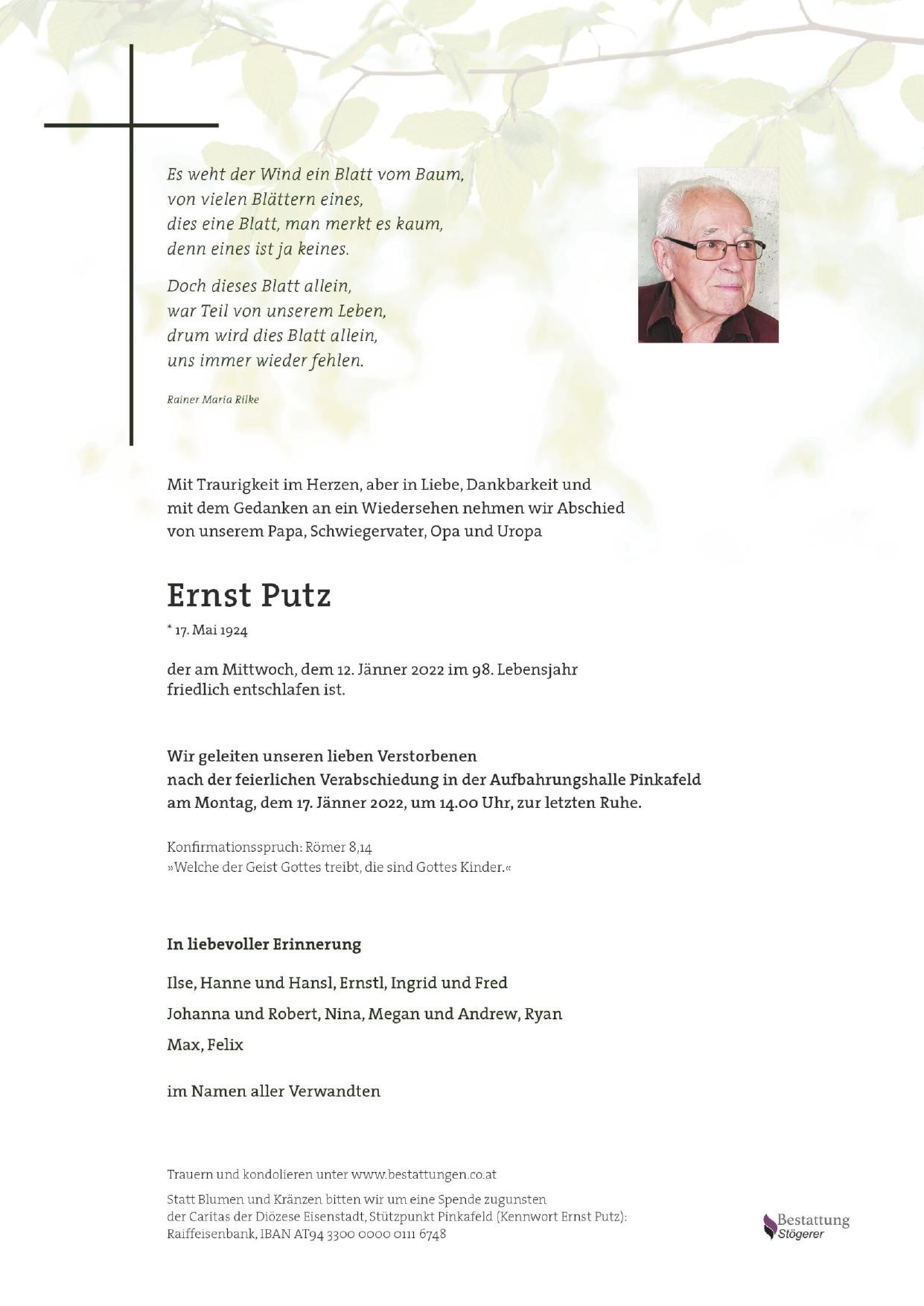 Traueranzeige von Ernst Putz