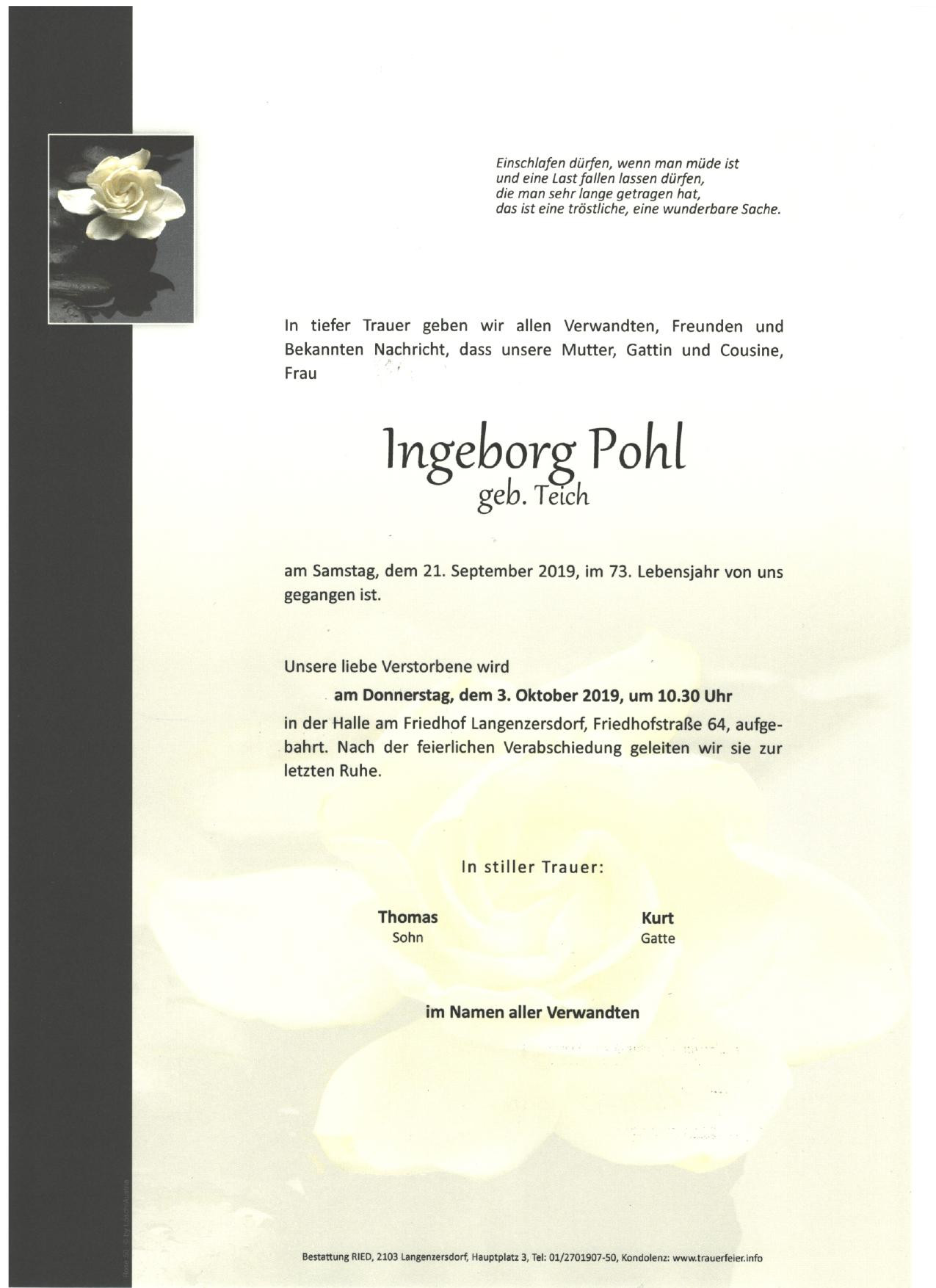 Traueranzeige von Ingeborg Pohl
