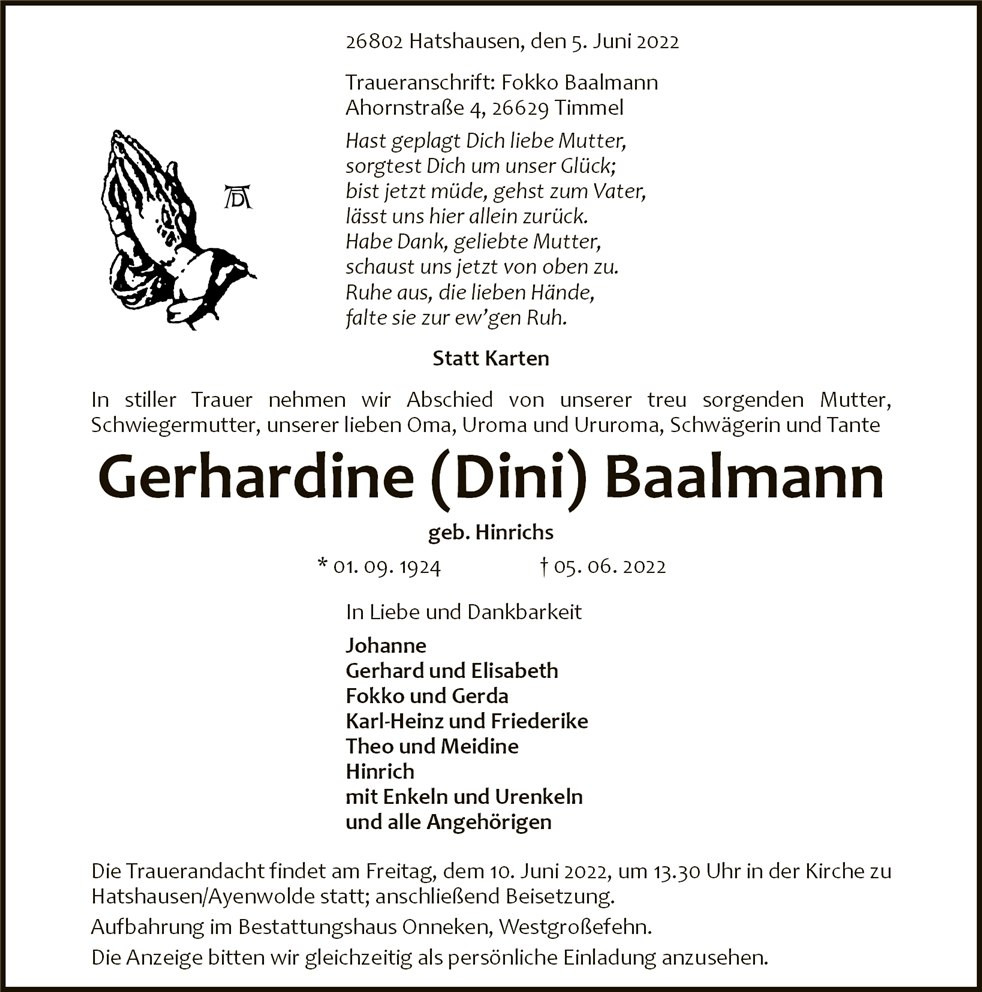 Traueranzeige von Gerhardine Baalmann