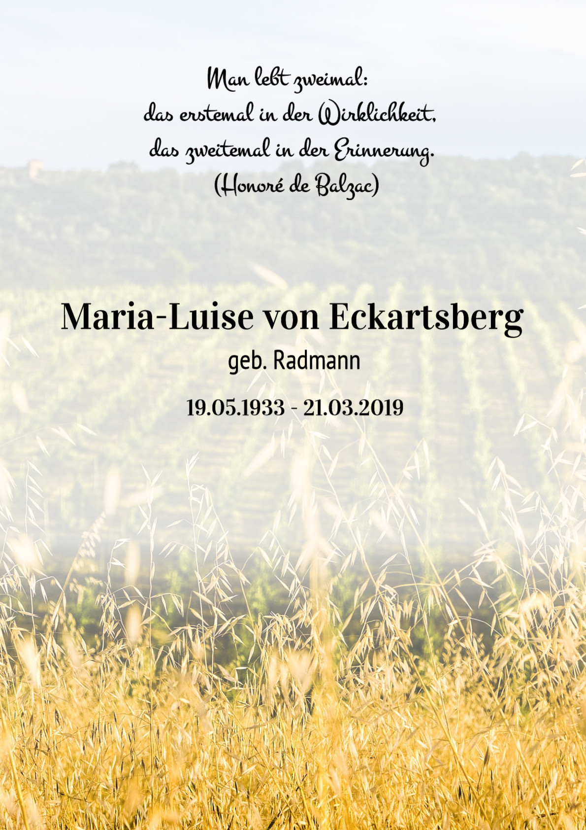 Traueranzeige von Maria-Luise von Eckartsberg