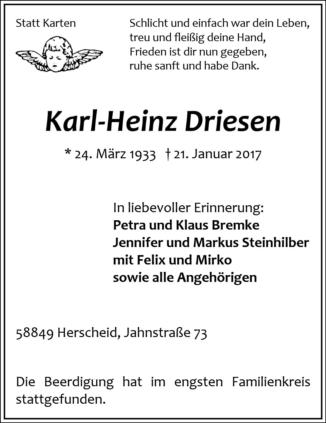 Traueranzeige von Karl-Heinz Driesen