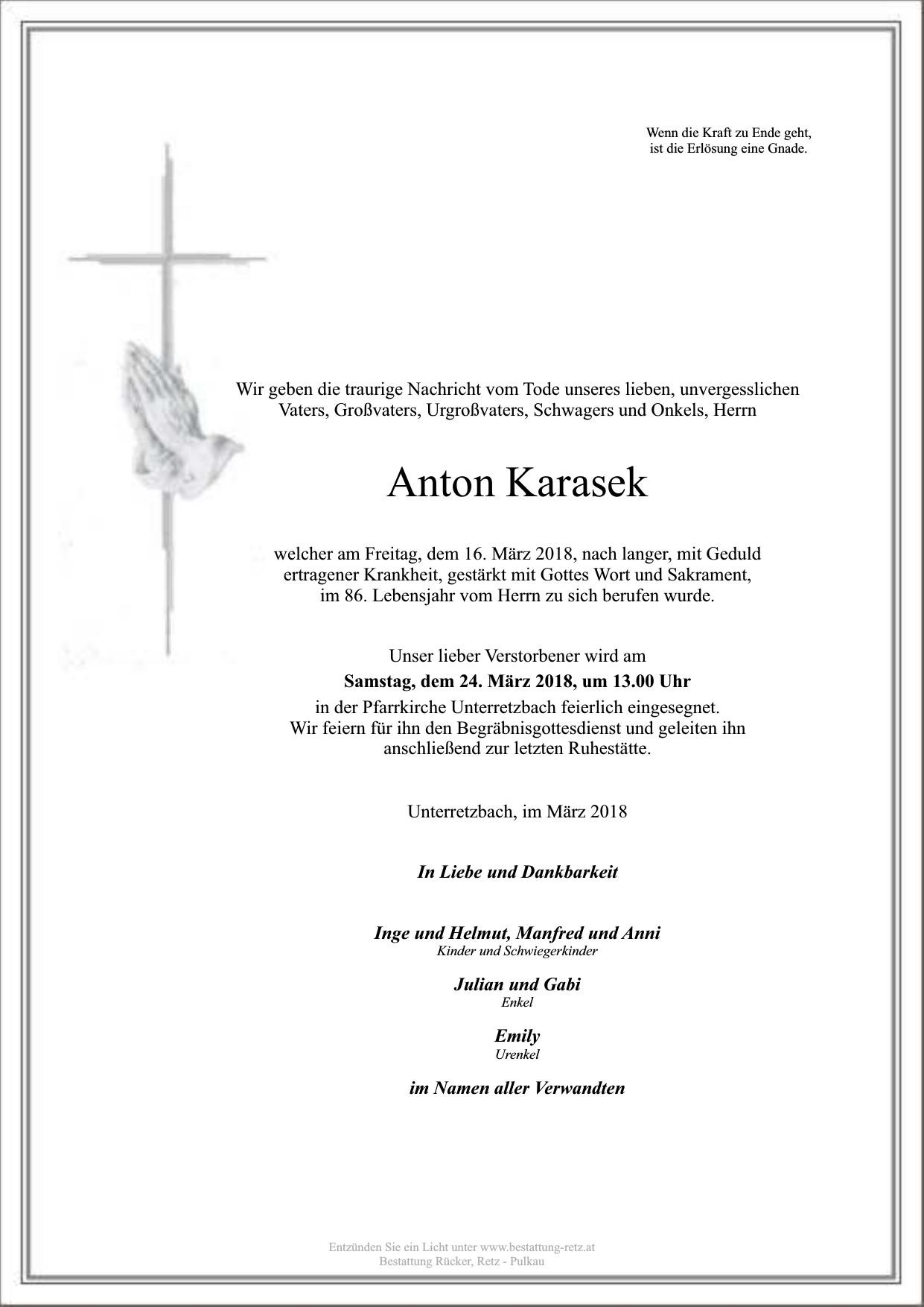 Traueranzeige von Anton Karasek