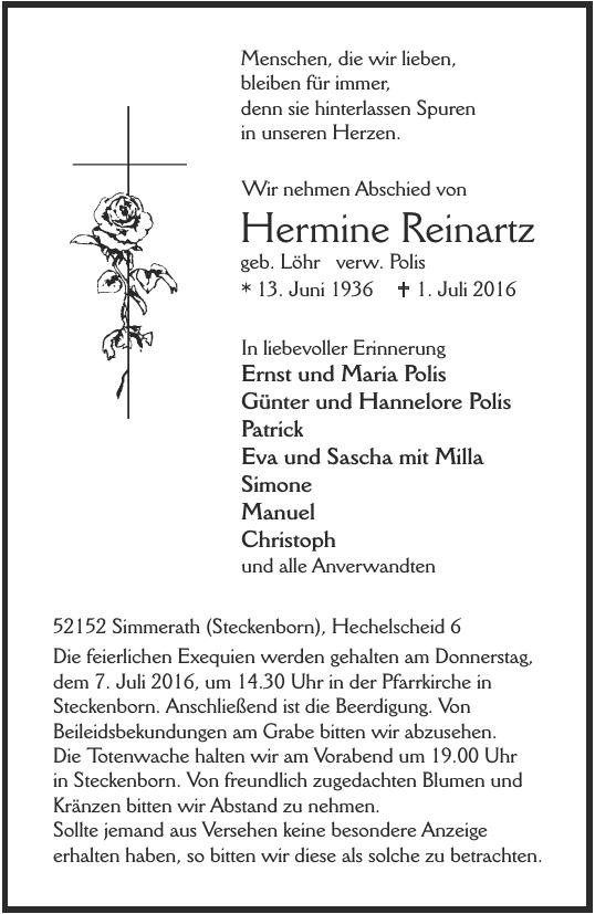 Traueranzeige von Hermine Reinartz