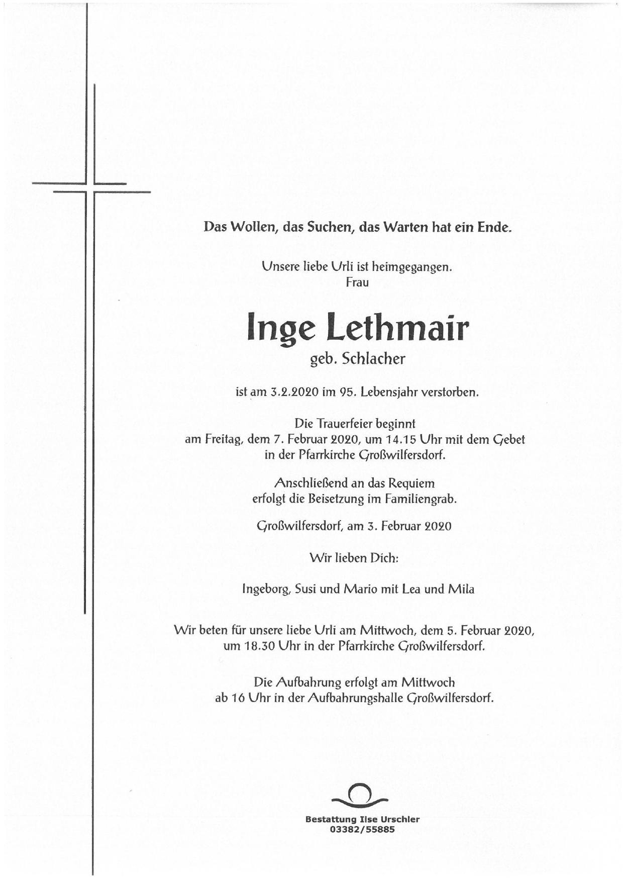 Traueranzeige von Inge Lethmair