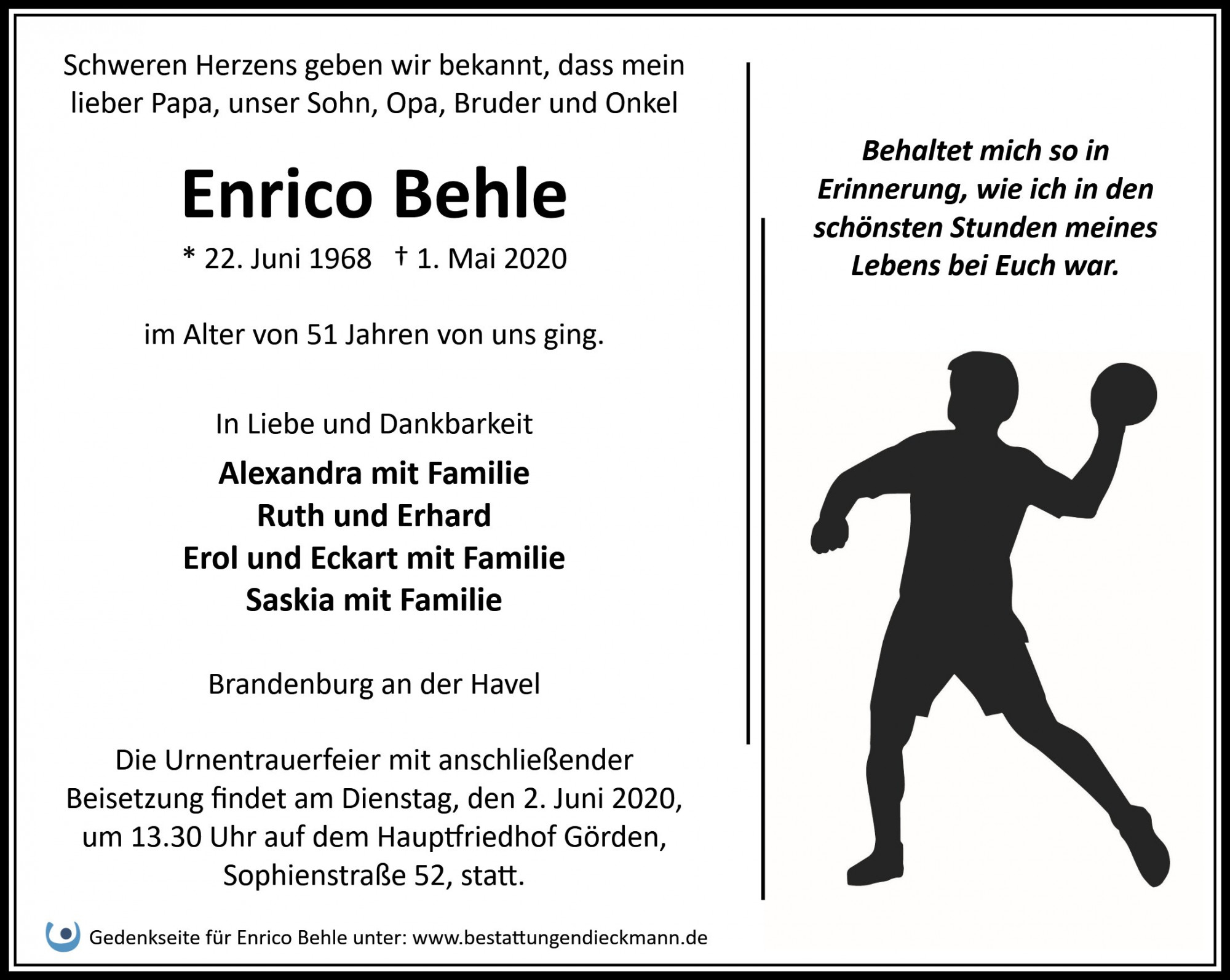 Traueranzeige von Enrico Behle