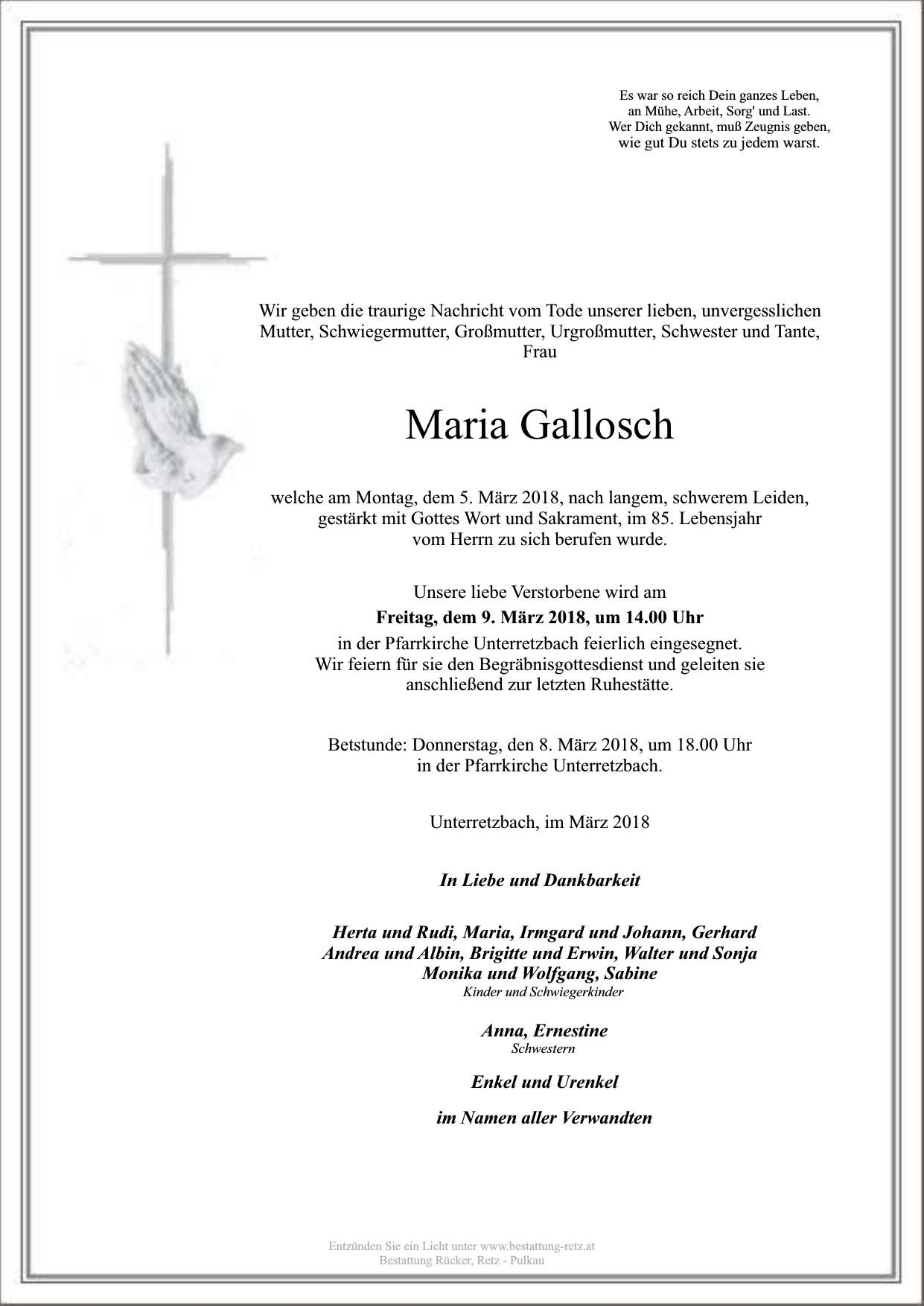 Traueranzeige von Maria Gallosch
