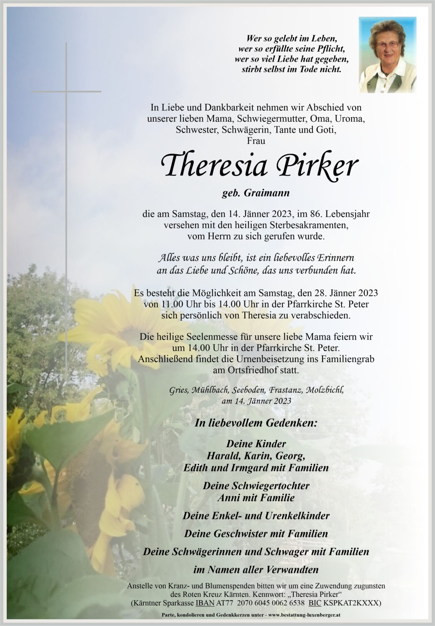 Traueranzeige von Theresia Pirker