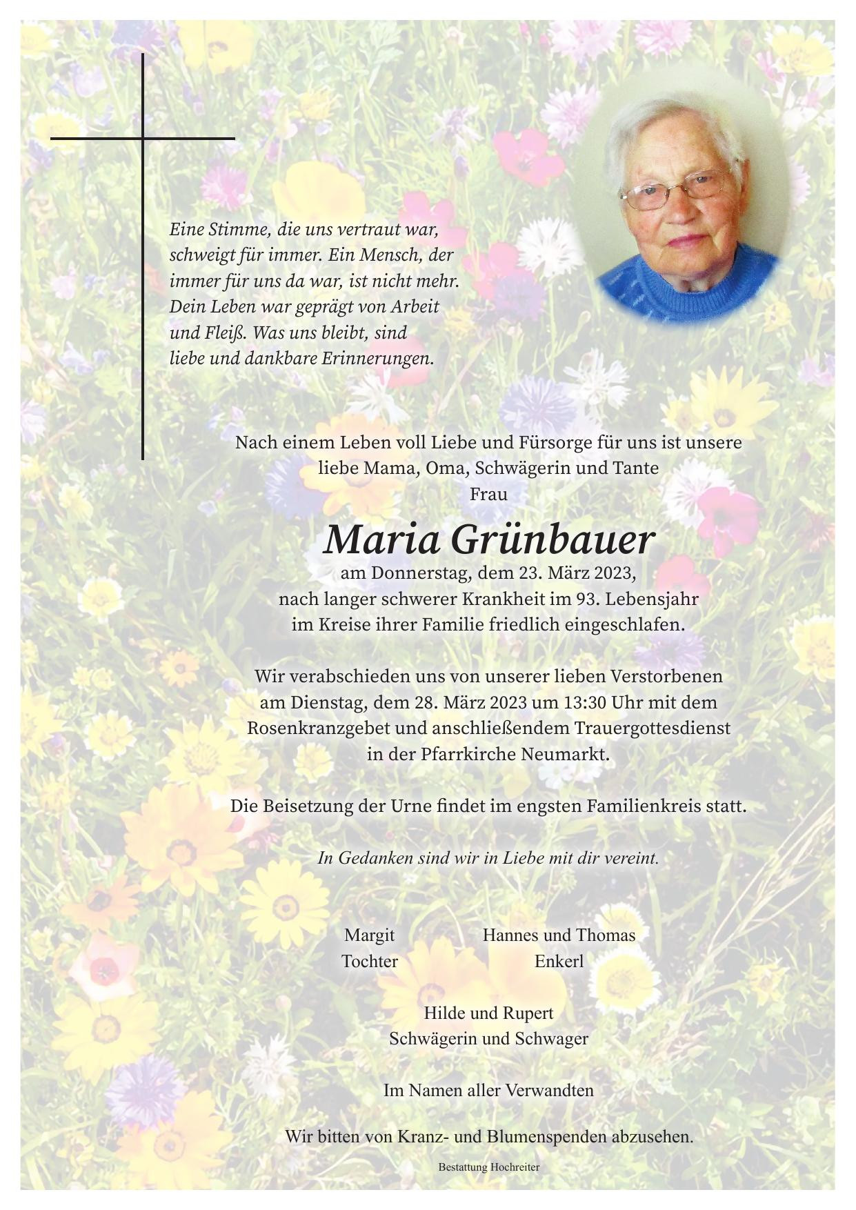 Traueranzeige von Maria Grünbauer