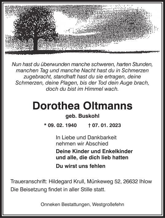 Traueranzeige von Dorothea Oltmanns