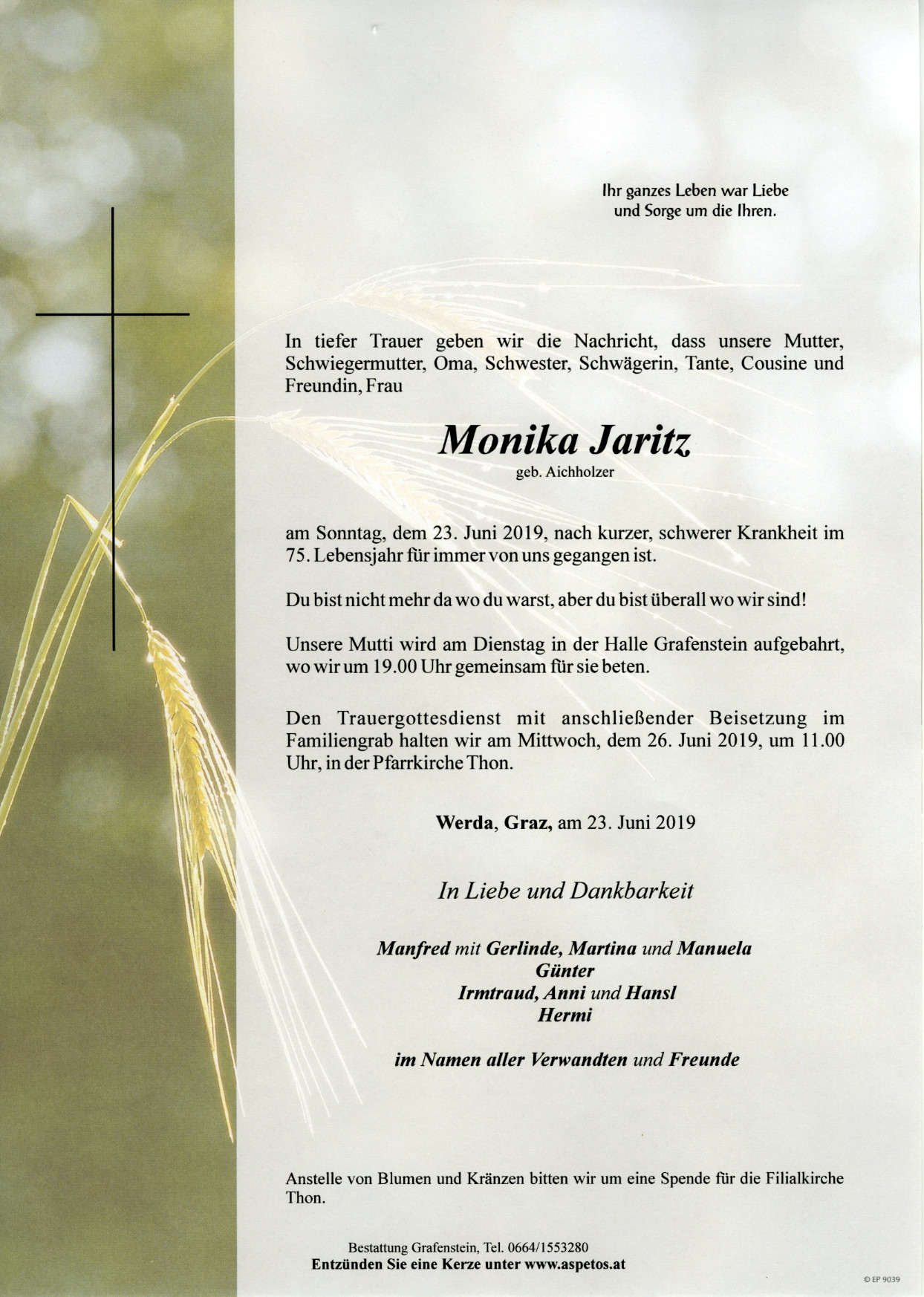 Traueranzeige von Monika Jaritz